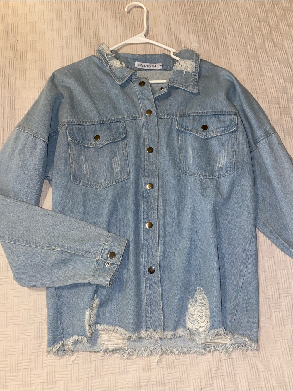 Miss sparkling Light Blue Distressed Denim Shacket size medium
